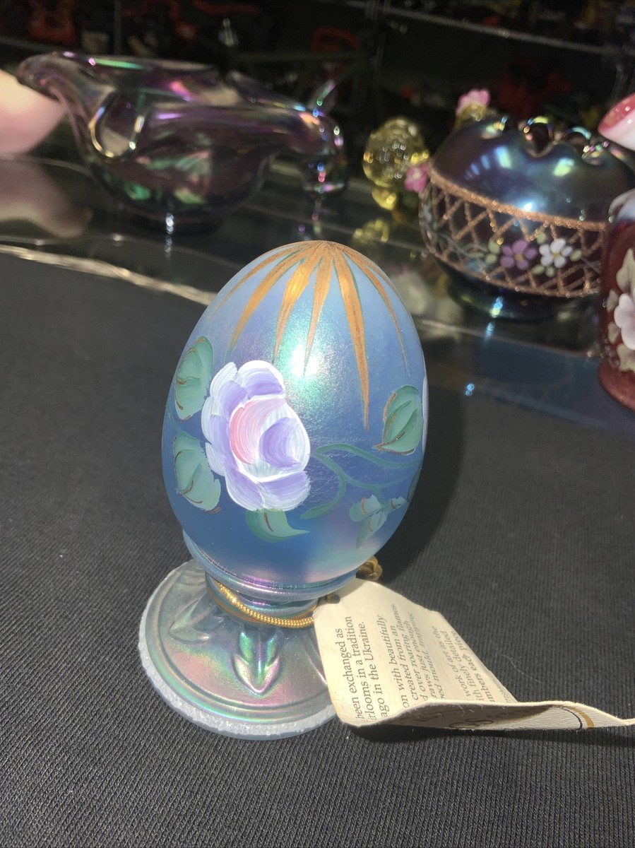 FENTON Limited Edition Egg BLUE Opalescent Floral Signed