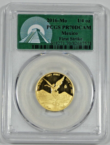 2016-Mo Mexico Onza PCGS PR70 DCAM 1st Strike Aztec Label 1/4oz .999 Fine Gold