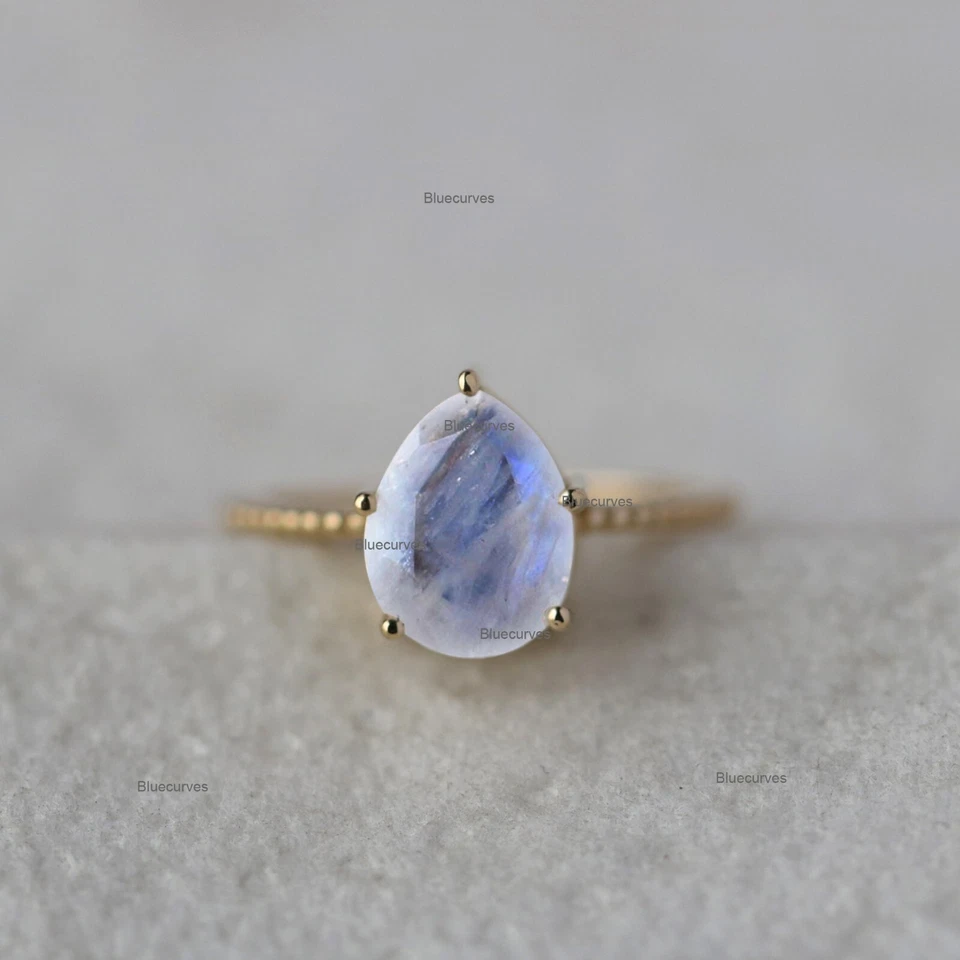 Alianza de oro macizo de 14 k 9x7 mm (1,75 quilates) pera arco iris piedra lunar alianza Foto 2 de 4