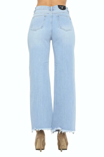 Women's Juniors High Rise Ripped Destroyed Straight Wide Leg Jeans - Picture 5 of 18