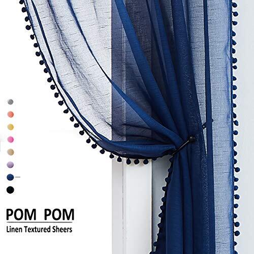Pom-Pom Navy-Blue Sheer Curtains for Bedroom Windows 52" x 84" Classic Blue - Picture 4 of 6