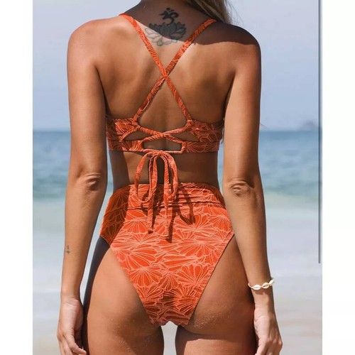 CUPSHE Bikini Set Bathing Suit High Waisted Scalloped V Neck Two Piece SIZE LARG - Picture 2 of 4