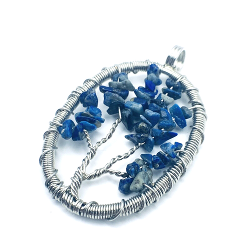 Drahtwickel oval blau Lapislazuli Baum des Lebens silberfarben Anhänger - Bild 2 von 7