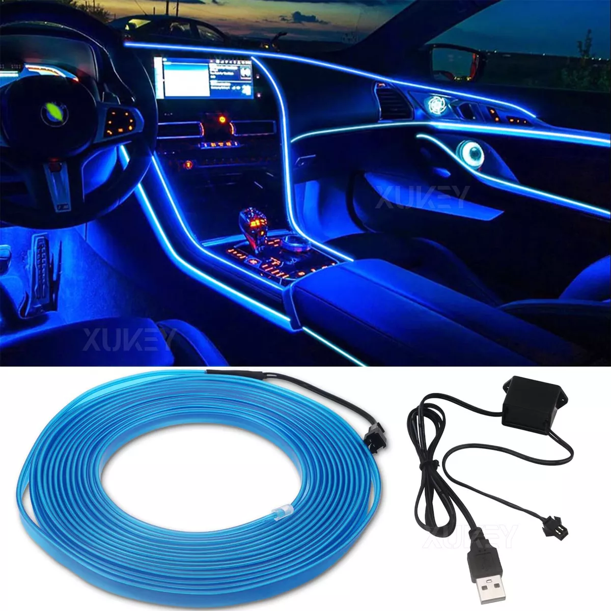 USB Blue Car LED Ambient Lighting Interior Lighting Light Bar 5M Long