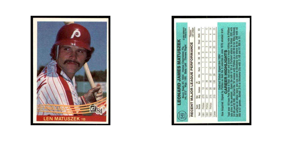 Len Matuszek 1984 Donruss #549 Philadelphia Phillies Baseball Card NM - Image 3 of 3