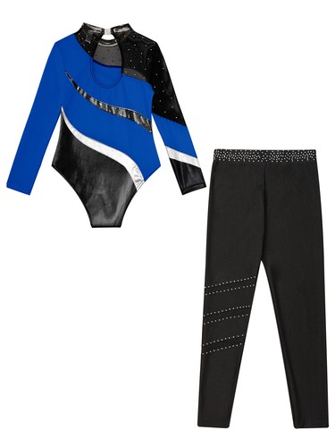 Kids Girls Set Metallic Outfit Patchwork Leotard Back Hoodie Skating Pants Suit - Picture 38 of 44