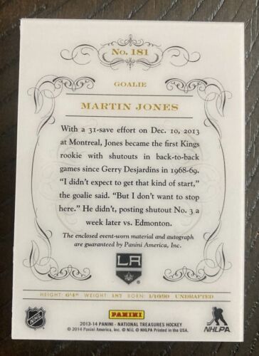 2013 National Treasures #181 Martin Jones #/99 RPA Auto RC Rookie Patch LA Kings - Bild 3 von 3