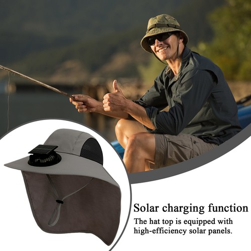 Solar Fan Hat With Neck Flap USB Rechargeable UV Dual Cooling Fan Fishing Hat - Picture 9 of 13