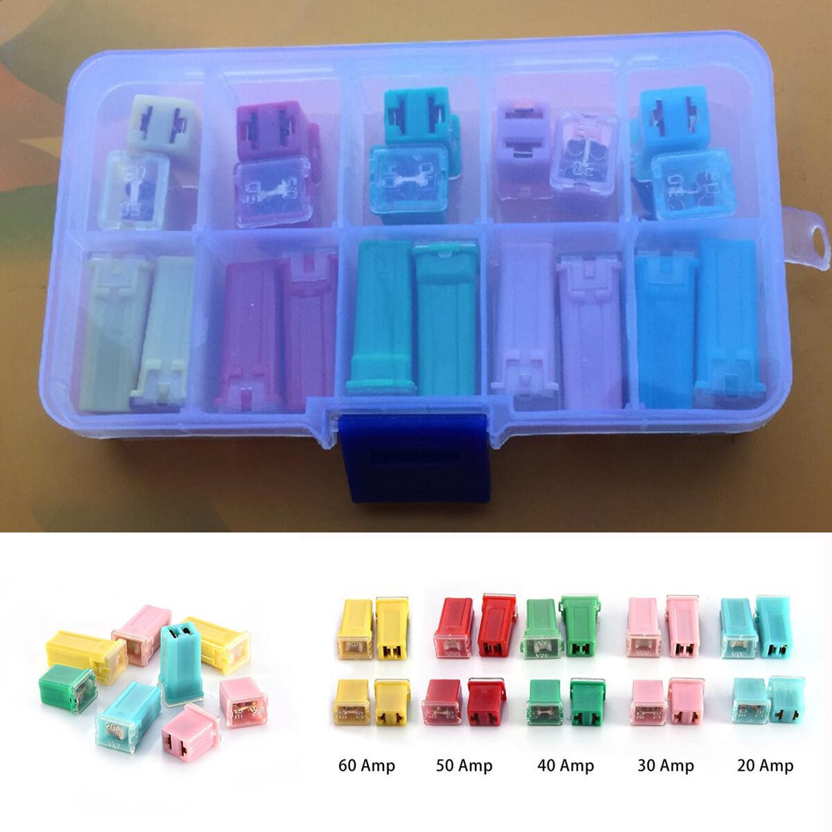 20pcs Mixed Boxed Auto Mini Square Fuse 20A 30A 40A 50A 60A AMP 