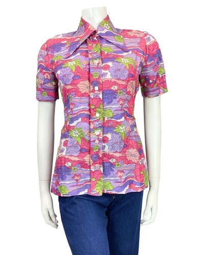 VINTAGE 60s 70s PINK PURPLE GREEN PSYCHEDELIC FLORAL DAGGER SHIRT BLOUSE 10 12 - Picture 8 of 8