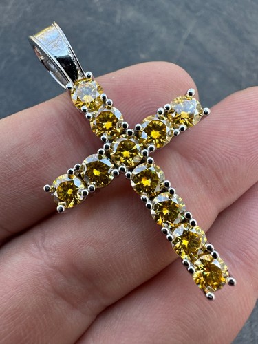 Yellow Canary MOISSANITE Real 925 Silver Cross Iced Pendant Necklace Hip Hop - Picture 7 of 24