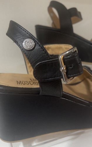 Moschino Love Black Leather Wedges Size 39 Made in Italy 3” Heel / 1.9” Platform - Picture 2 of 5
