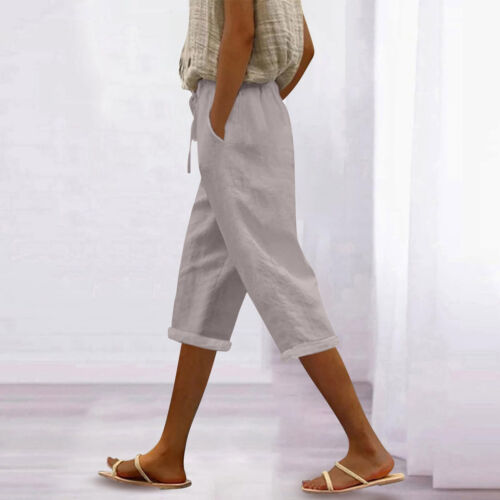 Womens Capri Pants Casual Summer Drawstring Elastic Cropped Pants with 2 Pockets - Picture 6 of 25