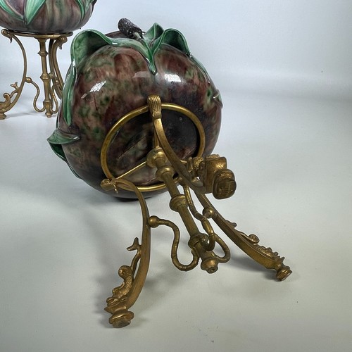 Rare Pair of 19th Century Majolica Bronze Base Mounted Cattail Vessels - Picture 7 of 8