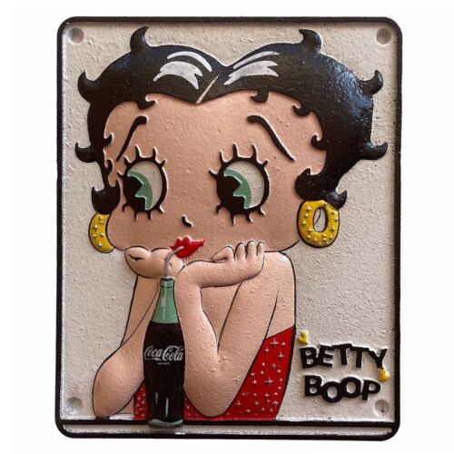 Cast Iron Betty Boop Drinking Coke Embossed Sign 23cm - New - Picture 1 of 1