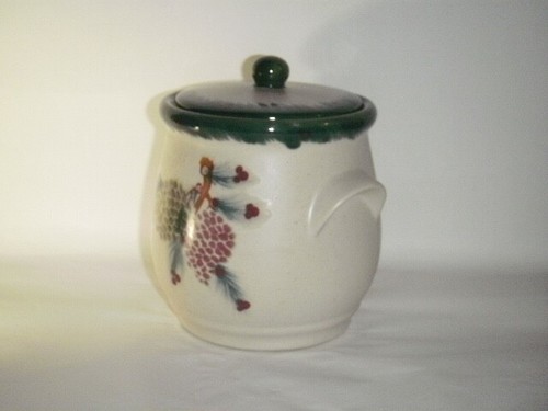 CERAMIC CROCK KITCHEN CONTAINER WHITE SPECKLED WITH PINE CONES, COVER & PIG EARS - Picture 2 of 12