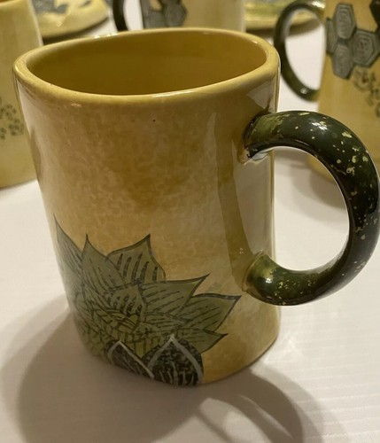 Tommy Bahama Ambiance Ceramic Mugs Yellow & Green Leaf Pattern Set of 4 Retired - Picture 5 of 7