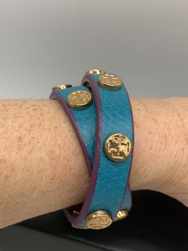 Tory Burch Miller Gold Stud Double Wrap Leather Bracelet Teal Blue & Purple L10 - Picture 8 of 8