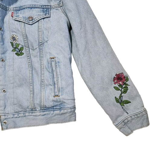 Levi's Levi Denim Jean Jacket Coat Sherpa Lined Women's M Floral Design - Picture 4 of 13