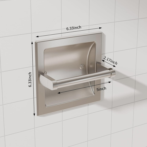 Brushed Nickel Recessed Toilet Paper Holder, Contemporary Hotel Style Pivoting - Picture 5 of 12