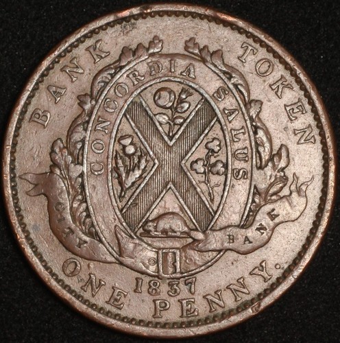 LOWER CANADA 1837 City Bank Penny Token Breton 521, Charlton LC-9A2 - Picture 1 of 2