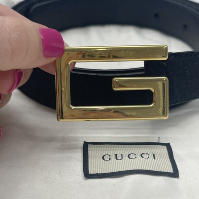 Gucci Gold Square G Logo Black Suede Leather Belt 523305  display picture 1