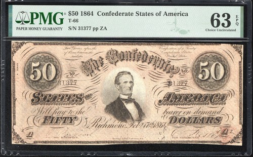 ⭐⭐ T-66 1864 $50 CONFEDERATE CURRENCY PMG 63 EPQ CIVIL WAR NOTE 31377