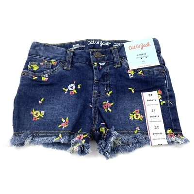 Cat & Jack Toddler Girls Size 3T Cutoff Jean Shorts Floral Embroidered Dark Blue