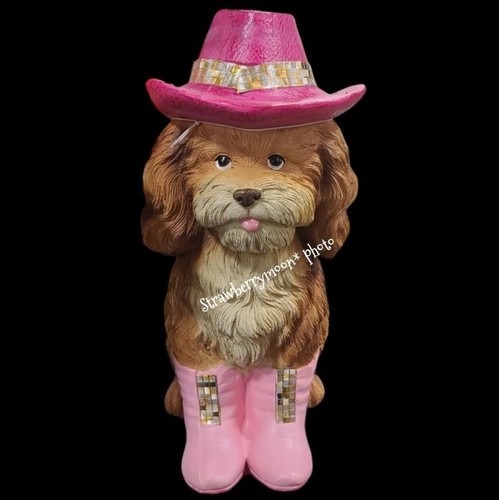 12" Country Western Dog Puppy Pink Cowboy Hat Boots Resin Statue Decor New - Zdjęcie 5 z 10