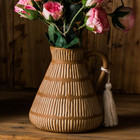 Rustic Farmhouse Vase with Handle and Tassel, Vertical Stripes Terracotta Potter