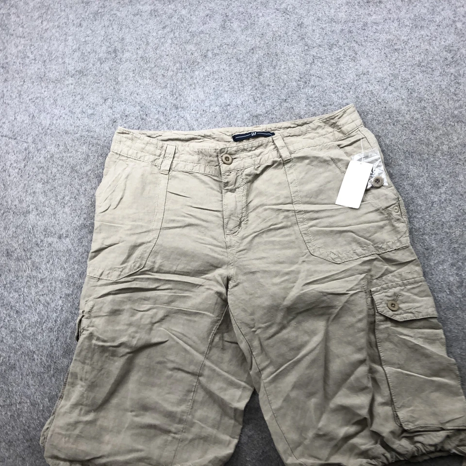 Pantalones Cortos GAP Para Mujer 10 Caqui Lino Mezcla Seda Bolsillos Utilitarios Carga Cordón Nuevos con Etiquetas Foto 2 de 4