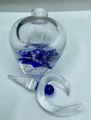 MODERNIST ART GLASS PERFUME BOTTLE PAPERWEIGHT WITH STOPPER CLEAR & COBALT BLUE - Picture 5 of 5