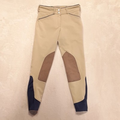 Dover Saddlery Womans Wellesley Classic Knee-Patch Breeches 24 Tan/Navy Accents 