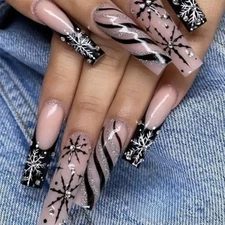 Square Press on Nails Long - Black French Tip Fake Nails with Standard Black-1