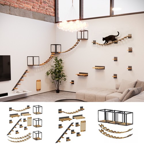 QLS Katzen Kletterwand Set XXL Hängebrücke Katzenregal Decken- und Wandmontage - Bild 1 von 56