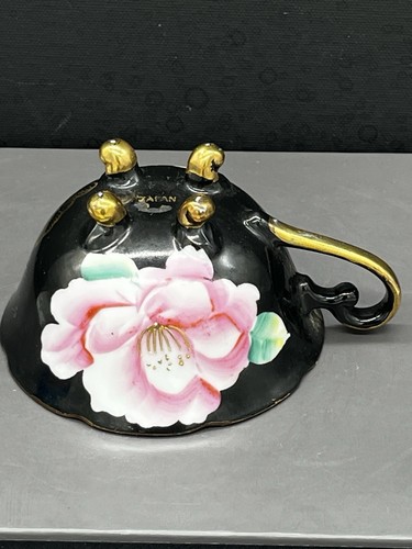 Saji Occupied Japan Footed Teacup & Saucer Fancy China Black Pink Flower VTG MCM - Picture 18 of 24