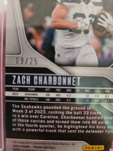 Prizm FOTL 2024 azul brillo Zach Charbonnet automático/25 Seattle Seahawks - Imagen 5 de 5