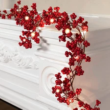 Syhood Christmas Red Berry String Garland Artificial Lighted Berry Garland for X