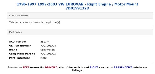 1996-1997 1999-2003 VW EUROVAN - Right Engine / Motor Mount 7D0199132D - Picture 3 of 4