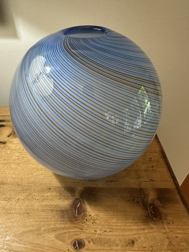 Vaso artistico sfera soffiato a mano Dansk blu marrone righe vortice - Foto 3 di 6