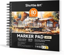 Shuttle Art Marker Pad, 8.3”x8.9” Portable Square Sketchbook, 80 Sheets White 