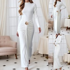 Women Metal Flower Maxi Dress Ruffle Party Cocktail Evening Gown Slim Bodycon