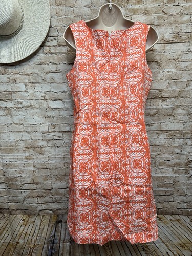 Vestido sin mangas de lino estampado naranja y blanco Carole Little talla 8 - Imagen 5 de 6