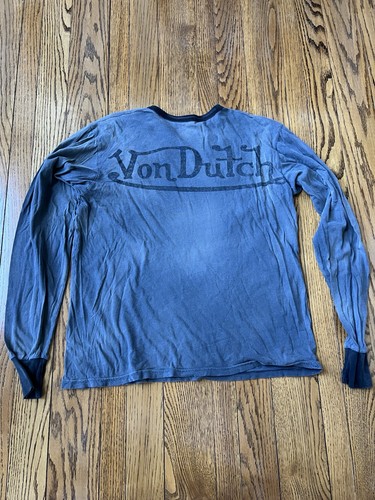 Von Dutch T-Shirt Herren Medium Langarm Vintage Hergestellt in den USA Grau Distressed
