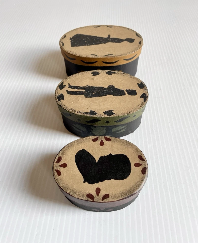 Set Of 3 Oval Nesting Boxes Silhouettes Floral Hand Painted Stacking Storage Box - Image 3 of 4