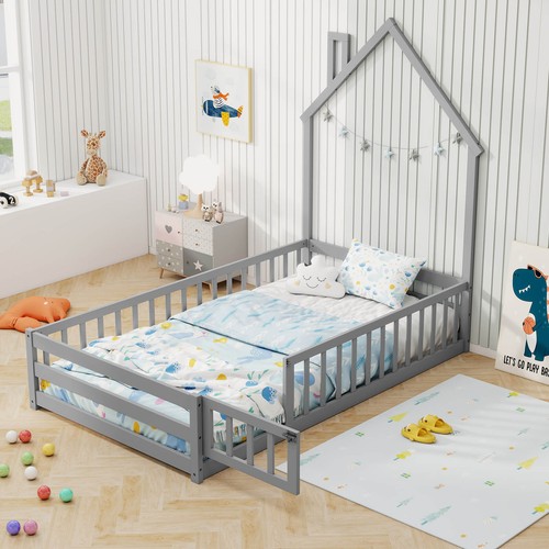 Twin Size Montessori Floor Bed for Toddler w/Lockable Door Full-Length Guardrail - Picture 3 of 10