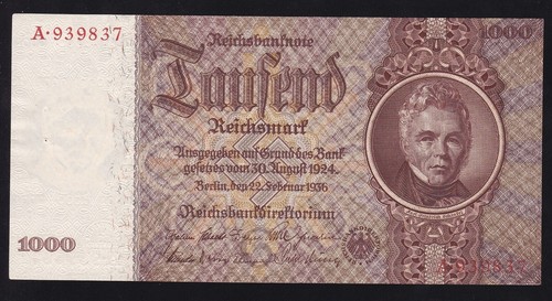 GERMANY --- 1000 MARK 1936 --- HIGH GRADE --- XF+ -- WITH SMALL HOLES ---