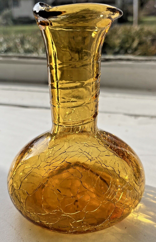 Vintage Crackle Glass Vase Amber Color 5 & 1/2" Tall - Picture 1 of 5