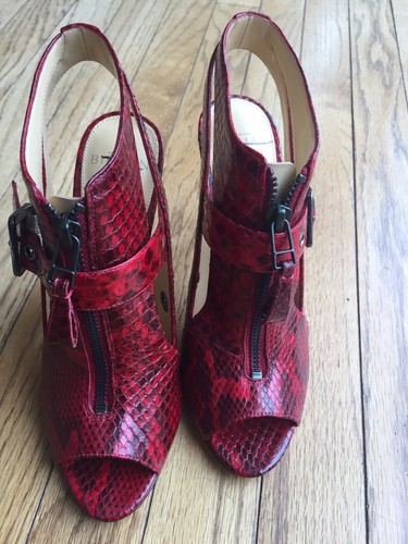 New ALEXANDRE BIRMAN $795 Red Python-Embossed Peep-Toe Stiletto Booties EU 37 - Picture 10 of 11