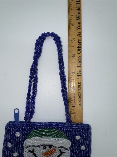 Vintage Small Beaded Blue Christmas Snowman Purse Zippered Party Gift Girl - Picture 3 of 5